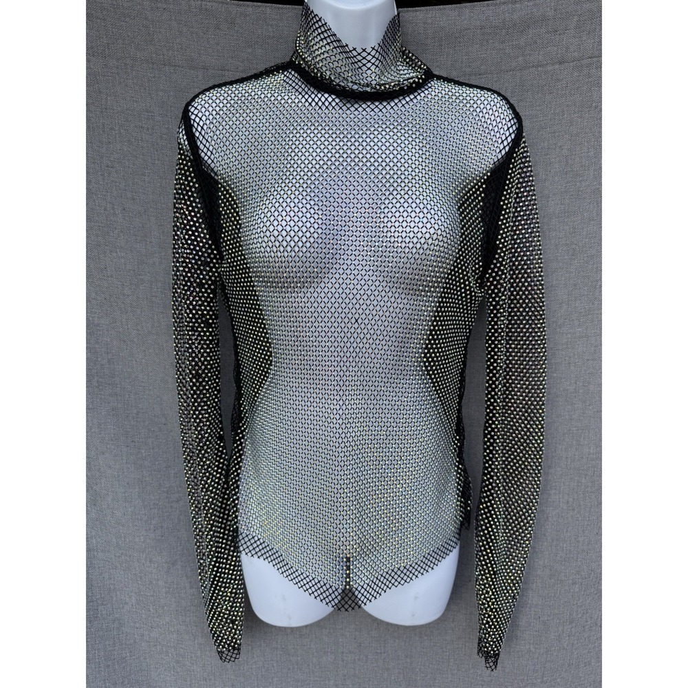 Rhinestone Mesh Fishnet‎ Long-Sleeve Overlay Top  One Size